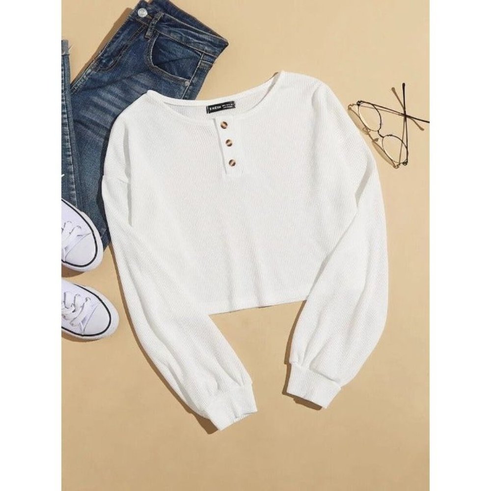 Half Button Drop Shoulder Crop Tee
